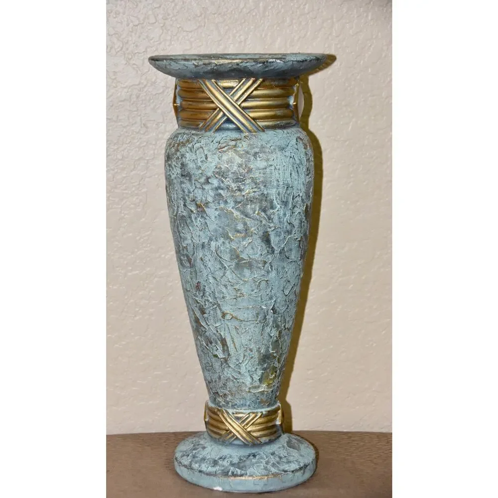 Jaru Art Deco Green and Gold Cast Stone Ceramic Pedestal Vase
